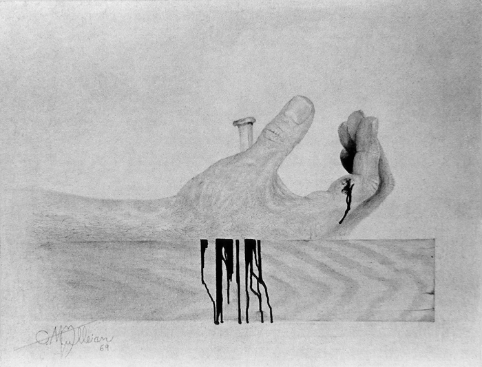1969 drawing by Mark Mulleian entitled "Right Hand of Carpenter Apprentice" 